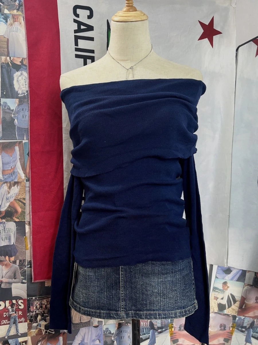 Solid Button Knit Slim Long Sleeve T-shirts Women New Sexy Slash Neck Simple Cotton Tees Femme Vintage Preppy Style T Shirt Y2K