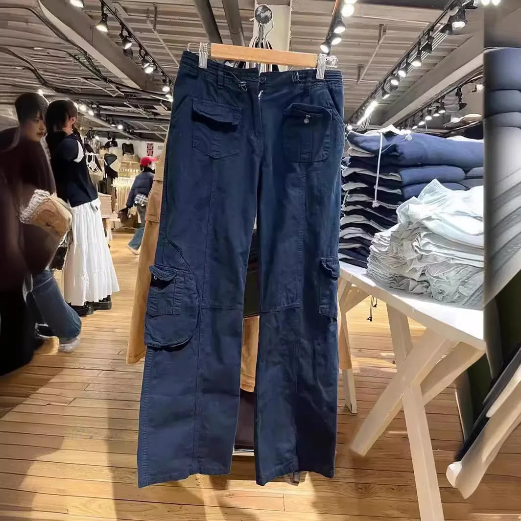 Vintage Army Green Retro Pockets Low Waist Straight Pants Women Spring Streetwear Casual Cargo Pant Harajuku Baggy Y2K Trousers