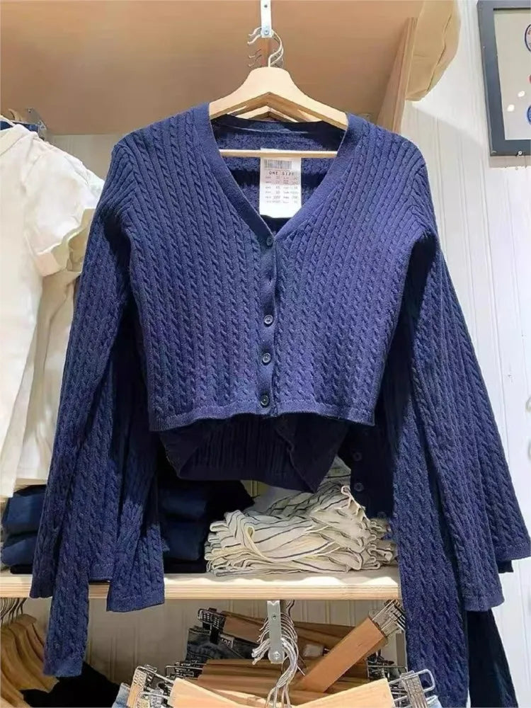 Vintage Navy Twisted Flower Knit Cardigan Women Autumn Casual V-neck Single-breasted Slim Crop Tops Preppy Style Chic Sweaters