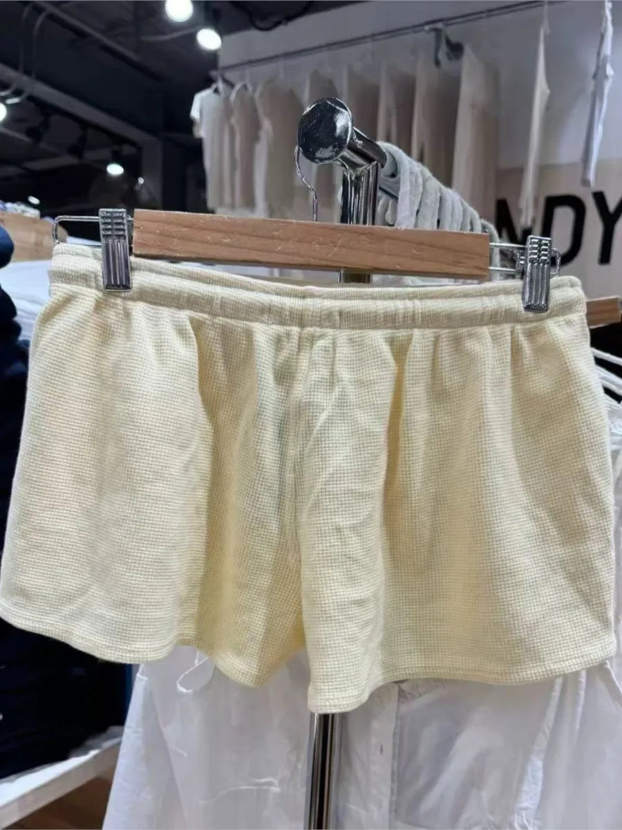 Yellow Waffle Loose Shorts Women Summer New Casual Drawstring Elastic High Waist Sports Short Sweet CutePreppy Style Short Pants