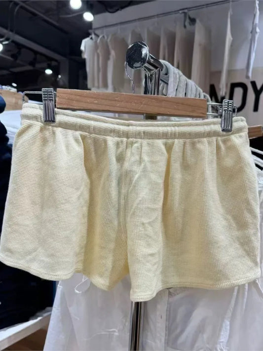 Yellow Waffle Loose Shorts Women Summer New Casual Drawstring Elastic High Waist Sports Short Sweet CutePreppy Style Short Pants