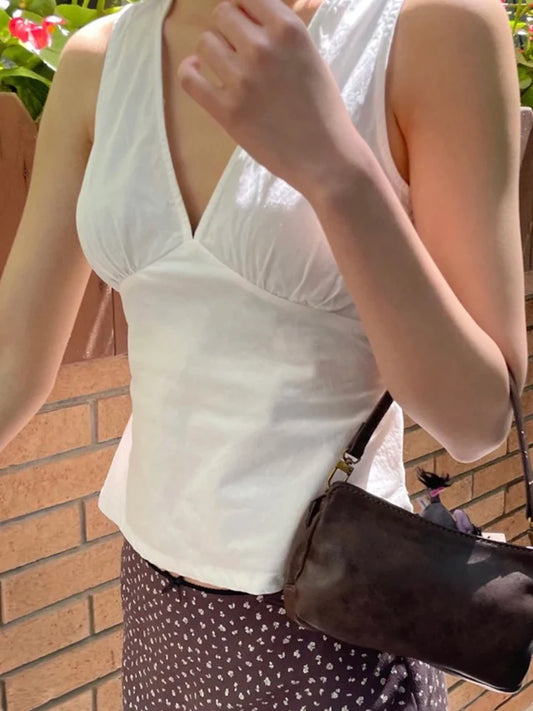 Simple Sexy Deep V-neck Tank Tops Women Summer New Cotton Soft White Lace-up Slim Sleeveless Tees Vintage Streetwear Sweet Vests