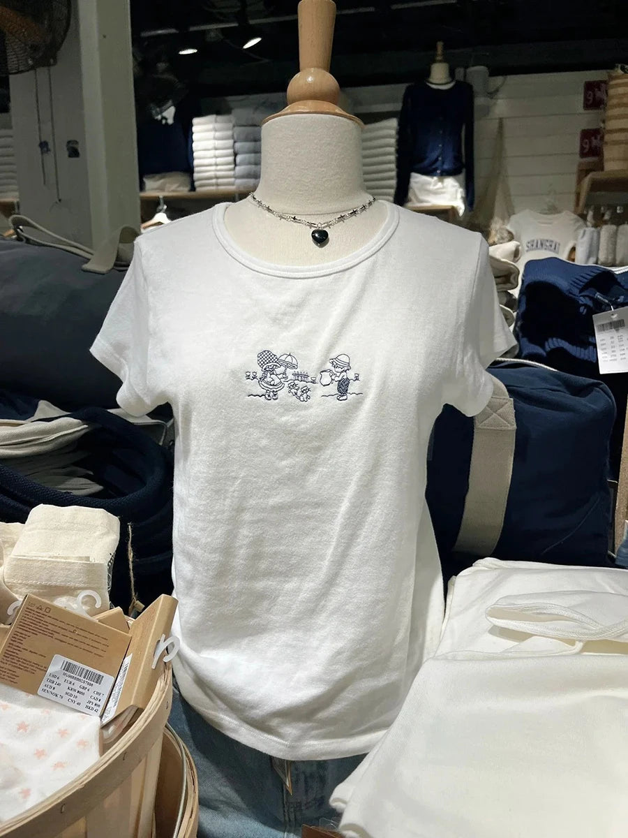 Girls and Cats Embroidery Slim T-shirt Women Summer Cotton Round Neck Short Sleeve Tees Sweet Preppy Style Cute Top Y2k T shirts