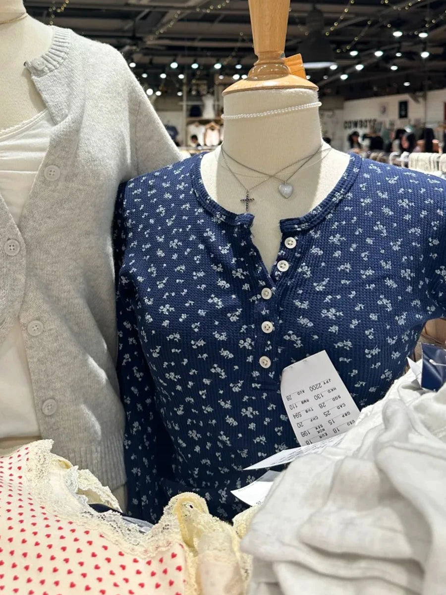 Waffle Floral Buttons Slim Long Sleeve Tee Women Spring New Cotton Preppy Style Tops Female Sweet Cute Chic Vintage T-shirts Y2K