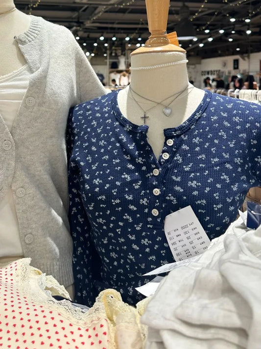 Waffle Floral Buttons Slim Long Sleeve Tee Women Spring New Cotton Preppy Style Tops Female Sweet Cute Chic Vintage T-shirts Y2K