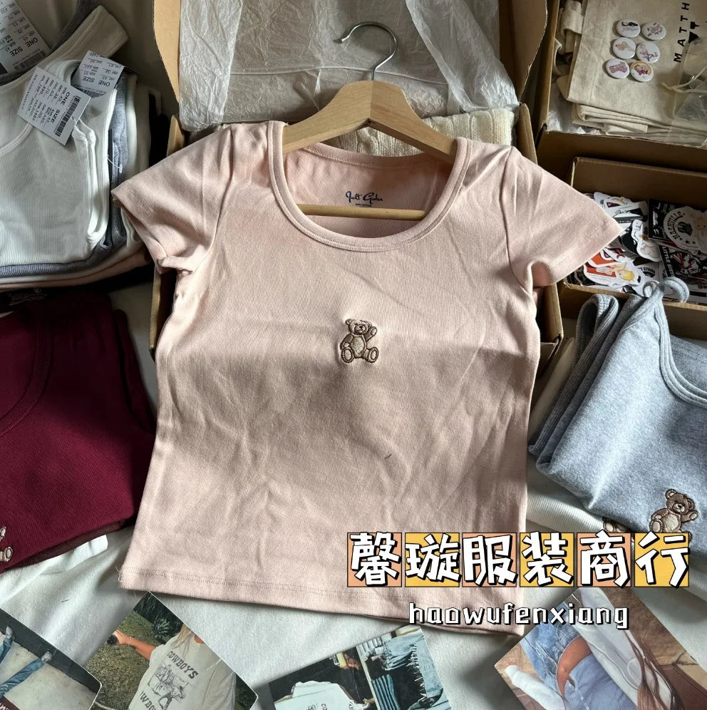 Cherry Embroidery Red T-shirts Women O-Neck Cotton Slim Short Sleeve Tee Tops Summer Casual Sweet Cute Preppy Style Tshirt Y2K
