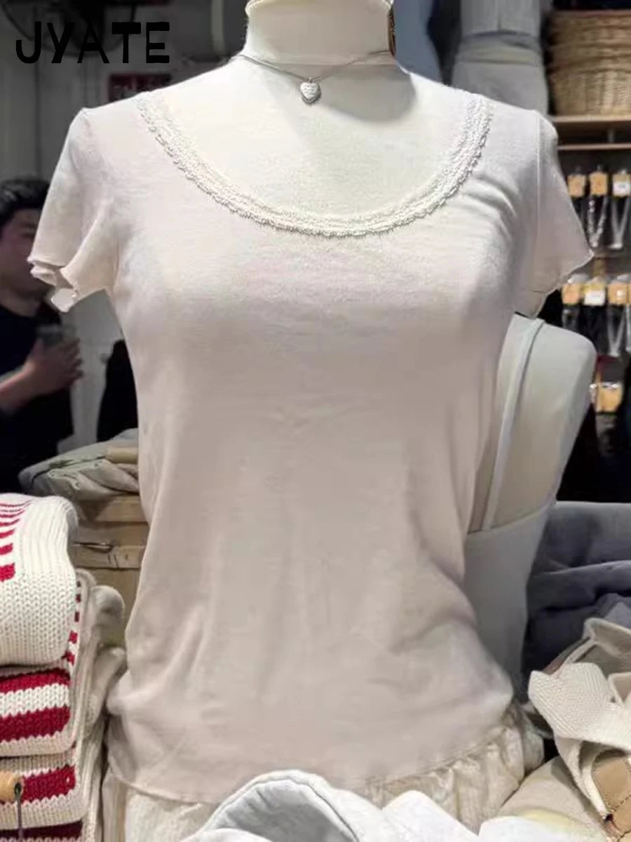 Sweet Lace Trim Pink T-shirts Women Summer New Casual Cotton Soft U-neck Short Sleeve Tees Cute Vintage Preppy Style Tops Y2K