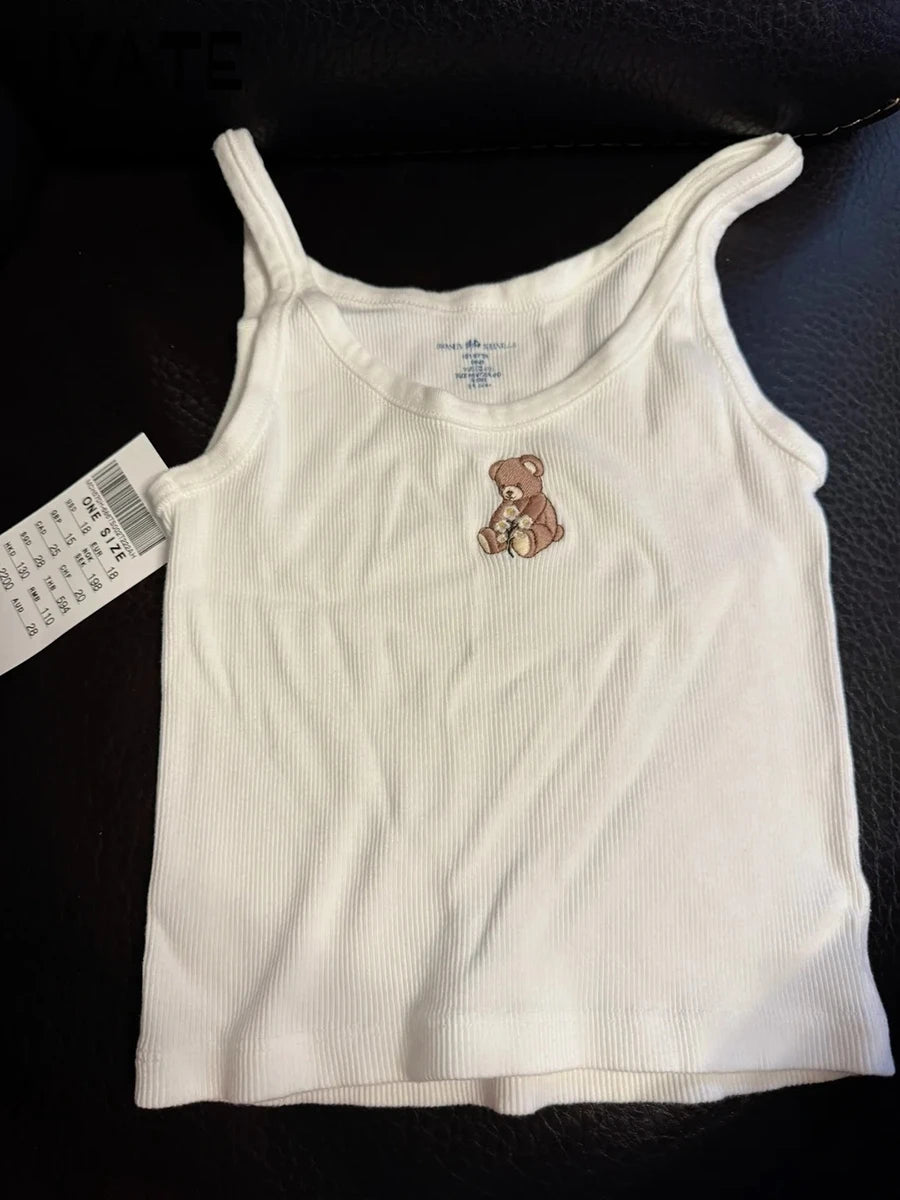 Sweet 14 Embroidery Slim Tank Top Women Spring Casual Sleeveless Cotton Camis Female White Cute Preppy Style Vest Y2K Tops New