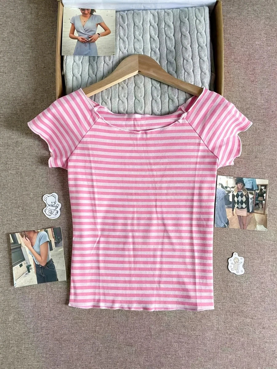 Pink Striped Slash Neck T-shirt Women Summer Casual Streetwear Slim Cotton Short Sleeve Tees Colthes Sweet Cute Simple Tops Y2K