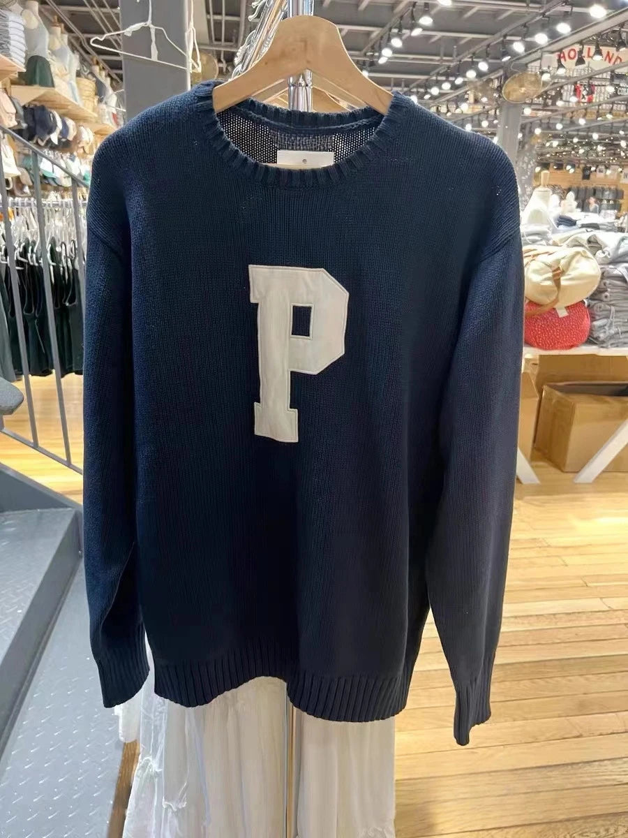 Simple Letter Embroidery Sweater Women American O-neck Street Loose Cotton Knitted Pullover Tops Vintage Harajuku Jumper Y2K