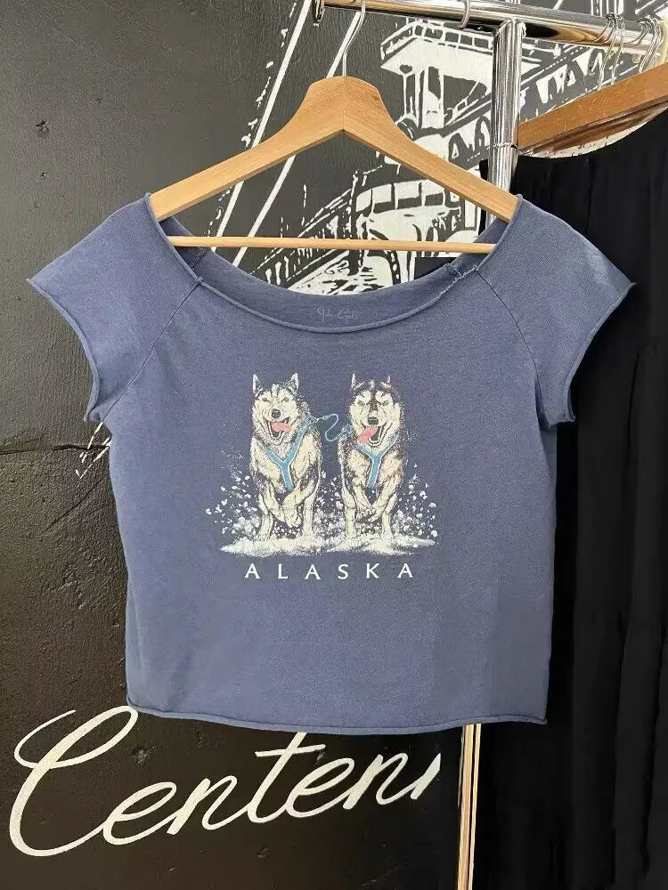 Letter Print Slash Neck T-shirts Women Simple All-match Cotton Raw Hem Short Sleeve Tees Female Vintage Sweet Y2K Crop Tops New