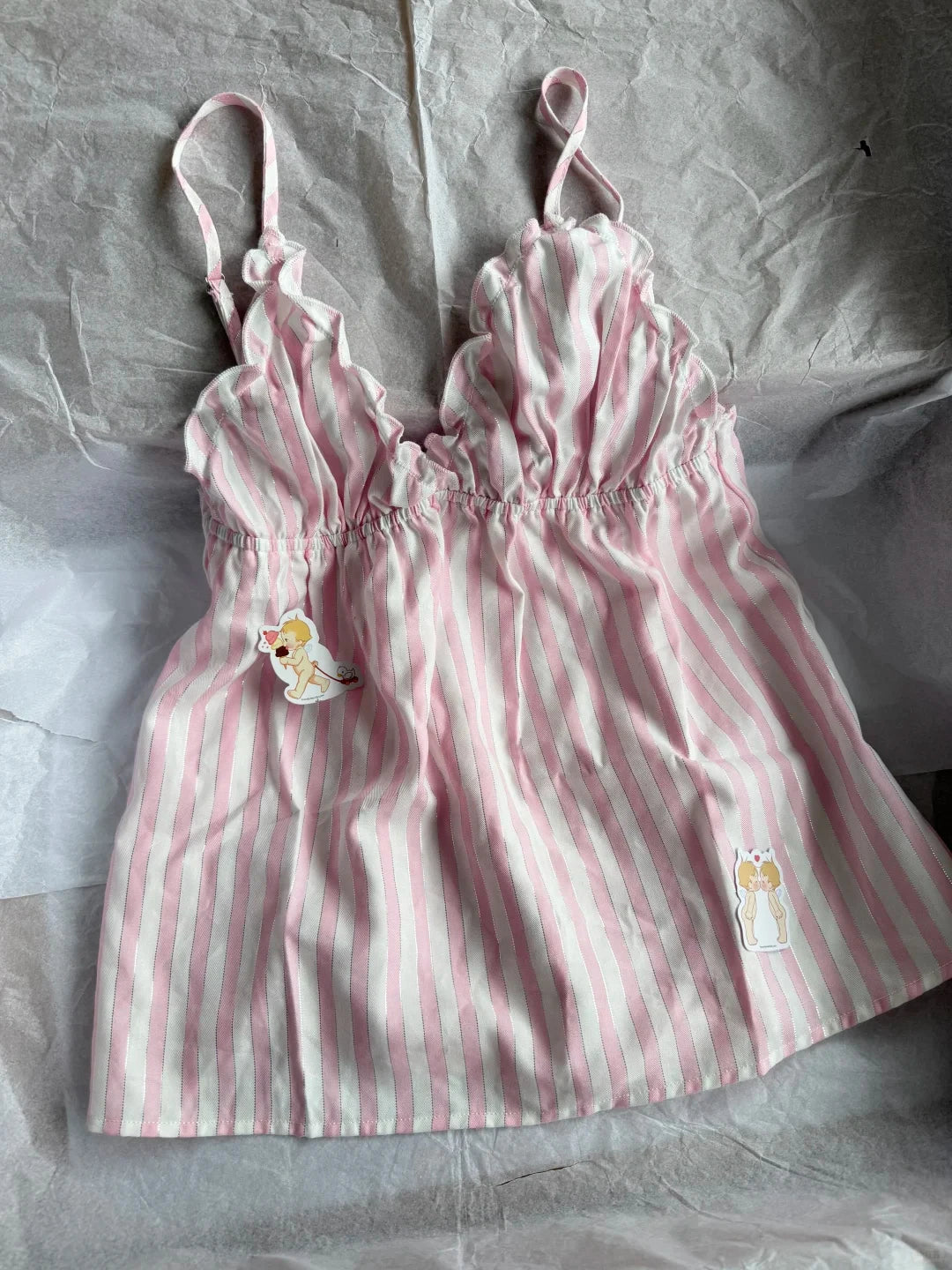 Pink Striped Silver Line Blouse Sets Women Lace Trim Casual Camisole+Drawstring Short Pants Sweet Cute Home Outfits Collection