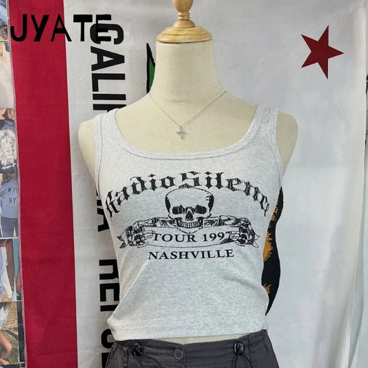 Harajuku Skull Print Ribbed Sleeveless Vests Women Summer New Cotton Streetwear Casual Camis Clothes Vintage Chic Y2K Tank Tops