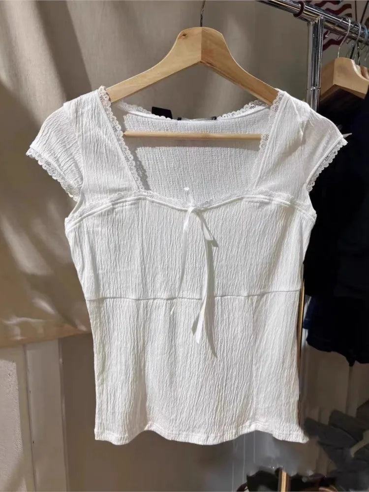 Lace Trim Square Neck T-shirts Women Summer New Casual Slim Bow Folds Texture Short Sleeve Tees Sweet Cute Preppy Style Tops Y2K
