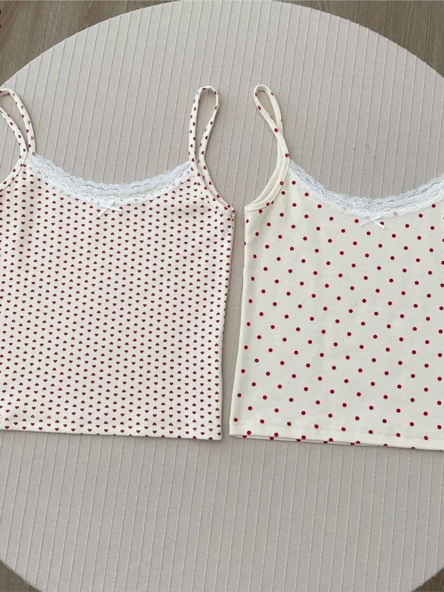 Cute Print Lace Trim Bow Tank Tops Women Cotton Casual Slim Sleeveless Crop Top Female Sweet Preppy Style Camisole Y2K Clothes