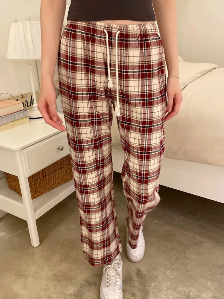 Retro Red Plaid Drawstring Straight Pants Women Autumn Cotton Casual Elastic High Waist Pant Vintage Loose Y2K Baggy Sweatpants