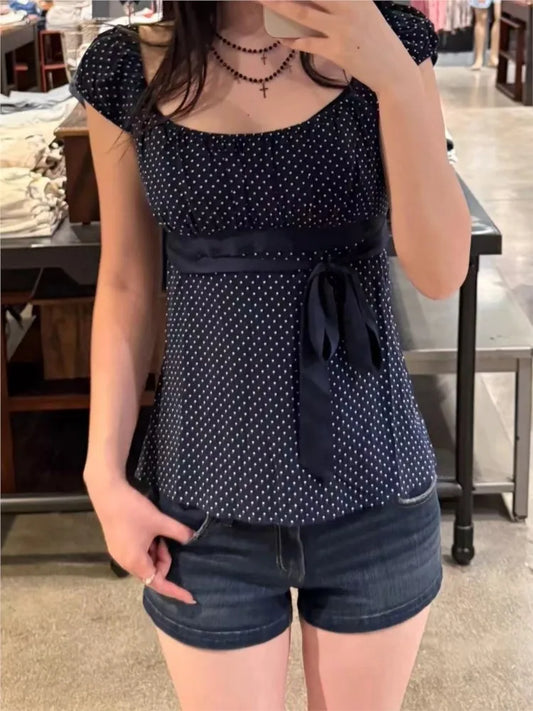 Polka Dot Navy Lace-up T-shirts Women Summer New Casual Slim Square Collar Tee Tops Female Vintage Preppy Style Chic T-shirt Y2K