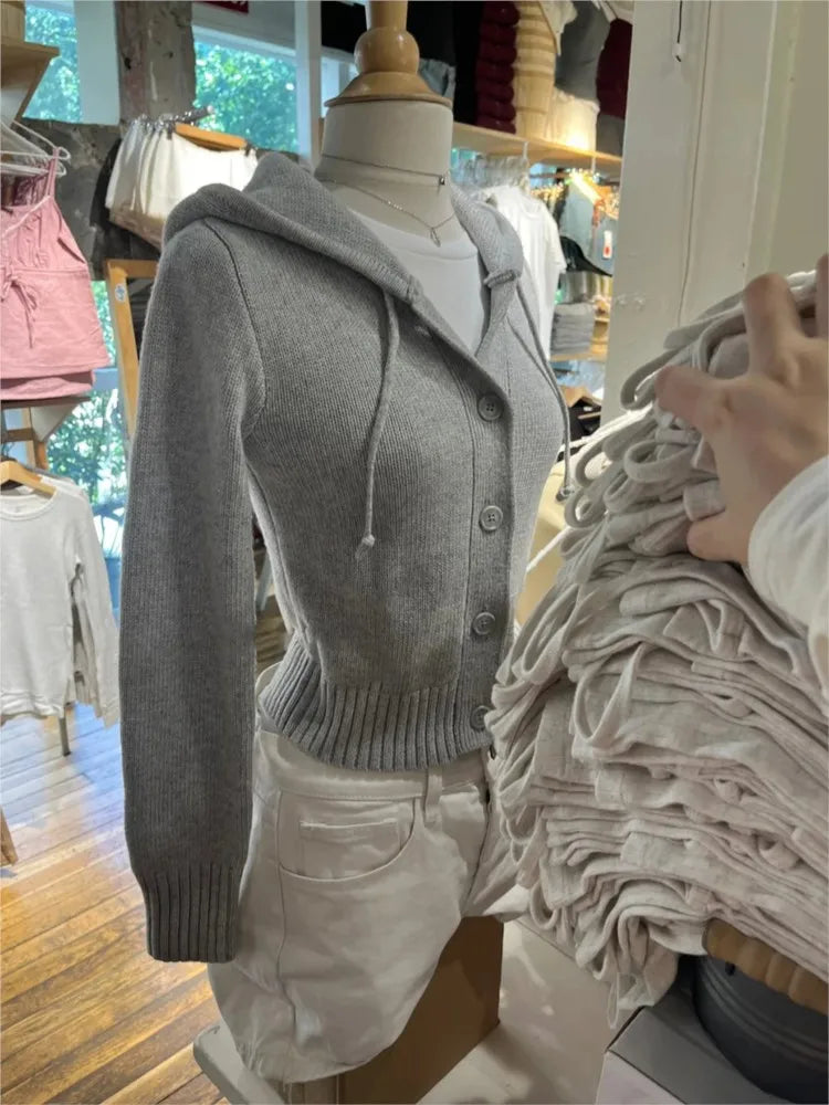 Autumn Gray Cotton Crop Sweater Cardigan Women Buttons Slim Hooded Long Sleeve Knitted Hoodie Cute Preppy Style Sweet Sweaters