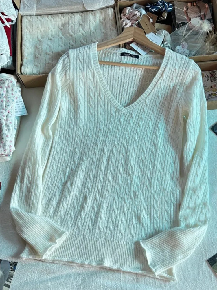 Twisted Flower Thin Knitted Sweater Women Spring Beige Raw Hem V-Neck Long Sleeve Jumpers Sweet Cute Preppy Style Sweater Top