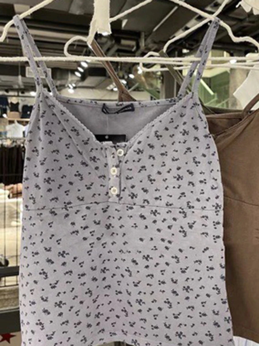 Sweet Floral Print Lace Trim Crop Top Women Summer Button Casual Cotton Slim Sleeveless Vests Female Vintage Cute Chic Y2K Camis