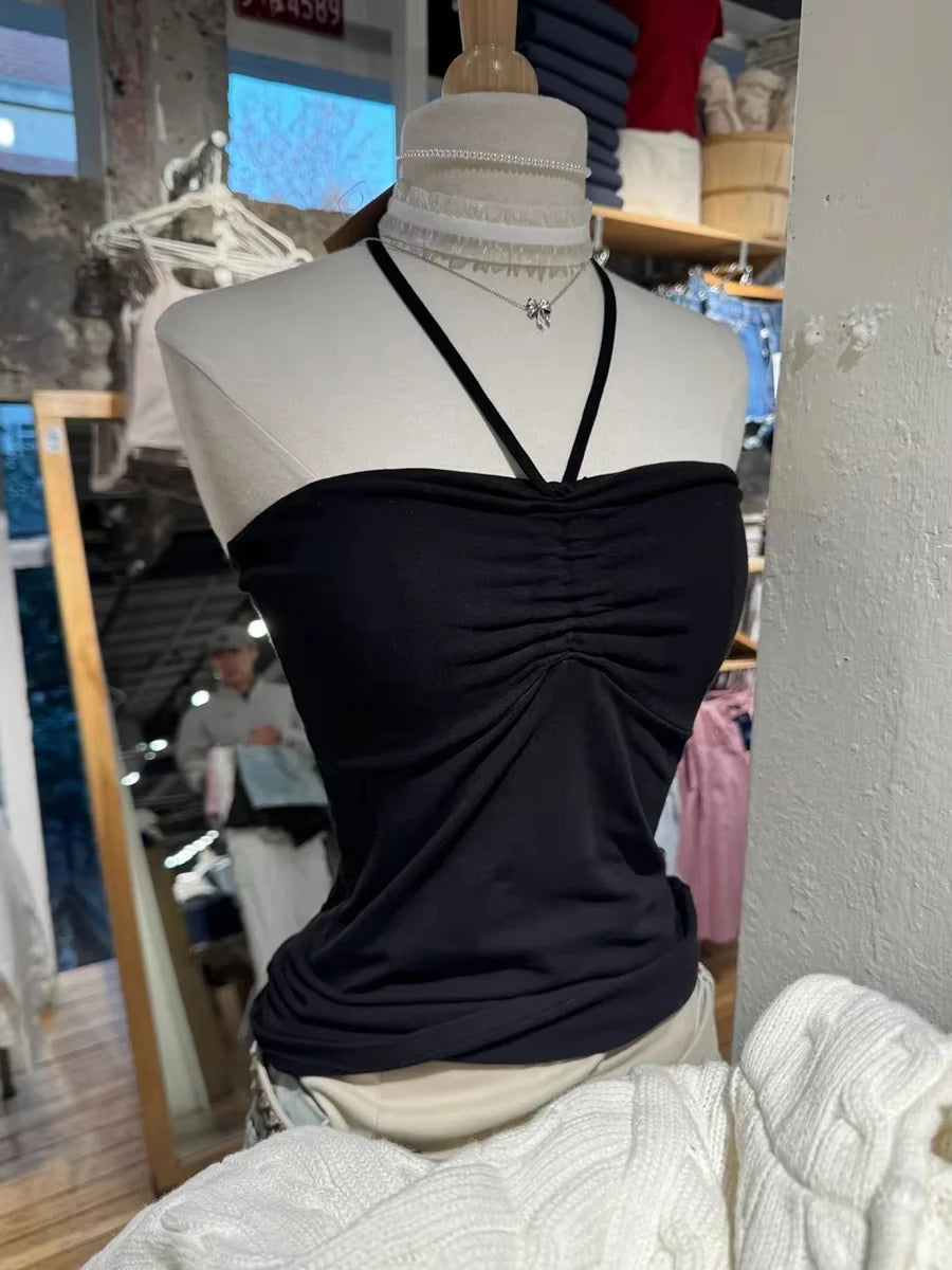 Vintage Red Drawstring Folds Strapless Tank Top Women New Basic Cotton Slim All-match Camis Sweet Preppy Style Vest Y2K Tops