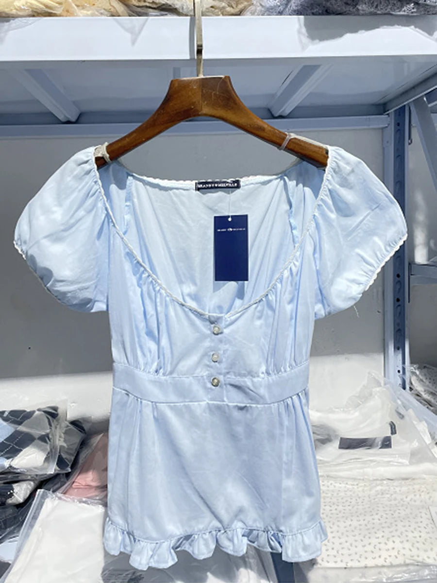 Vintage Gray Plaid Short Puff Sleeve Tee Women Three Button Square Neck Lace Trim T-Shirt Blouse Sweet Cute Retro Crop Tops New