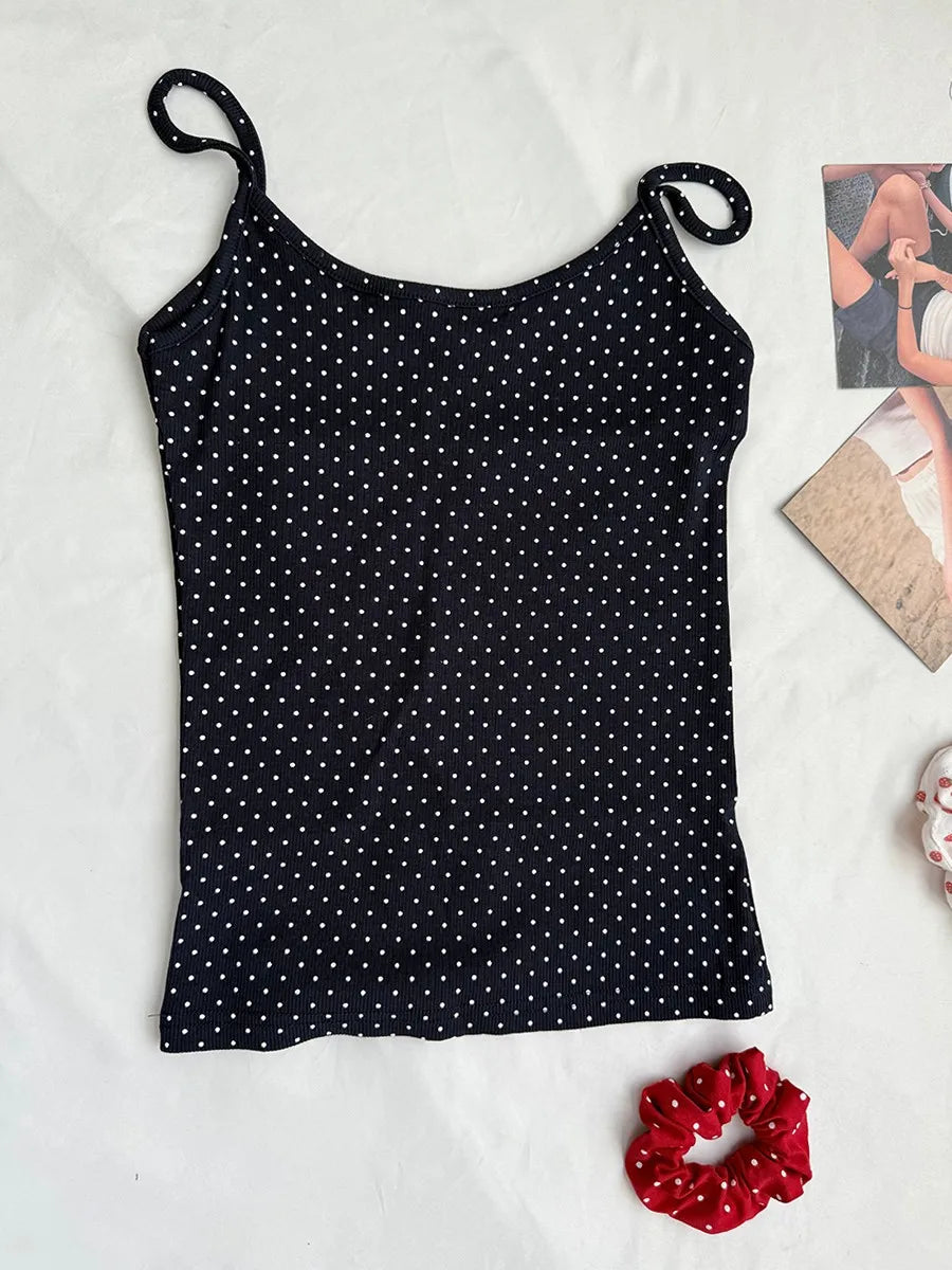 Vintage Navy Dot Ribbed Shorts Sets Women Casual Sleeveless Crop Tank Top+Shorts Sweet Cute Home Cozy Slim Two-piece Set