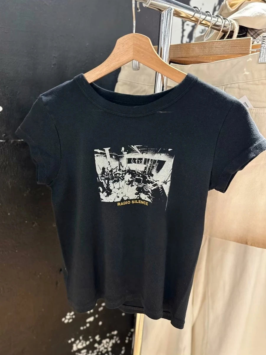 Black Rock Band Print T-shirts Women Summer O-neck Casual Cotton Short Sleeve Tees Female Streetwear Vintage Y2K Tops