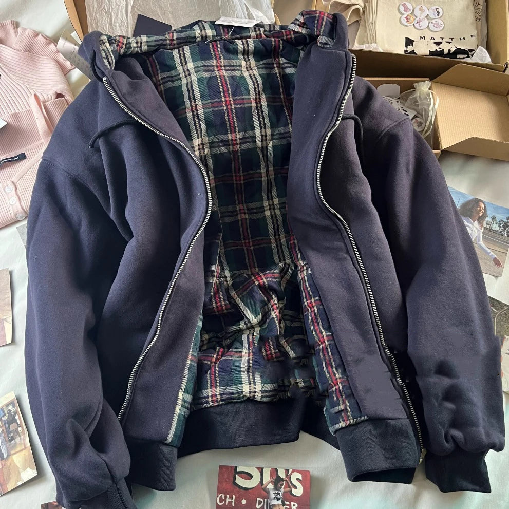 Plaid Print Thick Hoodie Coat Women Autumn Pockets Zip-up Drawstring Classic Pullover Tops Vintage Harajuku Y2K Chic Sweatshirts