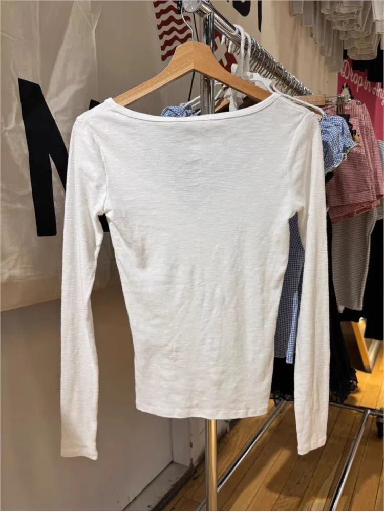 Slub Cotton White Long Sleeve T-shirt Woman Six Buttons Round Neck Slim Tee Tops Female Casual Simple All-match Basic Tshirts