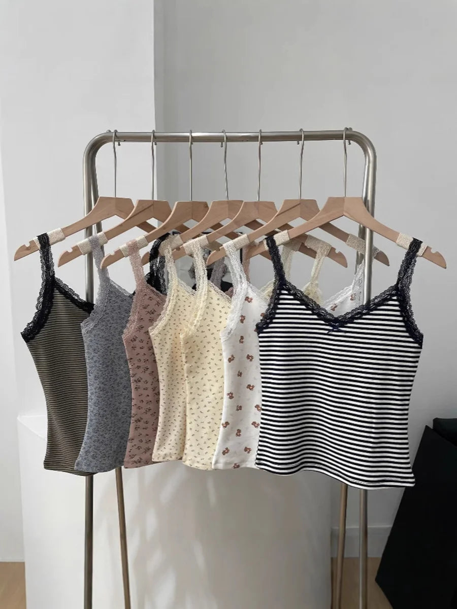 Floral Bow Lace Trim Crop Tops Women Summer Preppy Style Sleeveless Slim Cotton Tank Top Sweet Cute Vintage Camisole Clothes