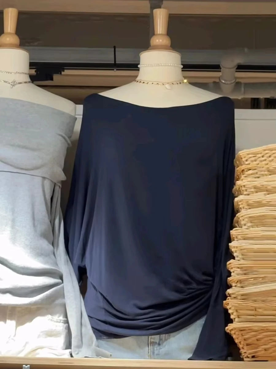 New Navy Long Batwing Sleeve T-shirts Woman Sweet Casual Slash Neck Cotton Tee Shirts Elegant Simple All-match Tshirts Y2k Tops