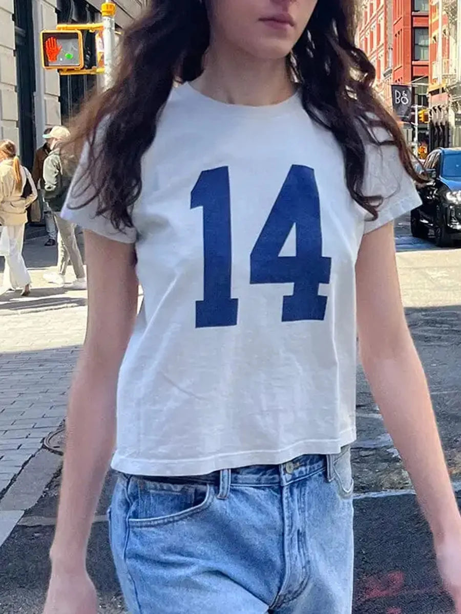Classic Number Graphic Print Cotton T-shirts Women Summer Soft Casual Loose O-neck Short Sleeve Tees Vintage Streetwear Y2K Tops