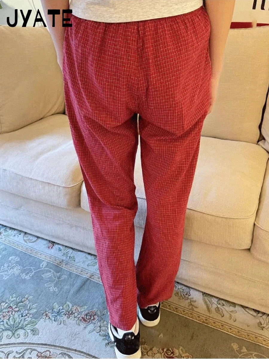 Sweet Red Plaid Drawstring Sport Pants Women Spring New Casual Chic Cotton Wide Leg Pant Harajuku Vintage Straight Trousers Y2K