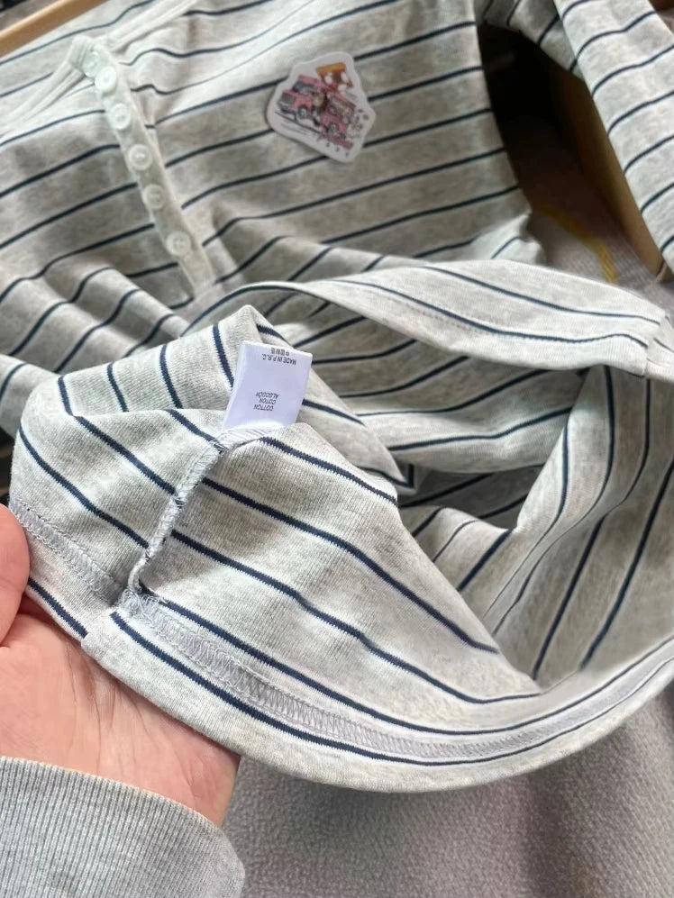 Gray Striped Buttons Long Sleeve Tee Women New Casual O-Neck Cotton Slim Patchwork T-shirt Vintage Simple Sweet Tshirt Y2K Top
