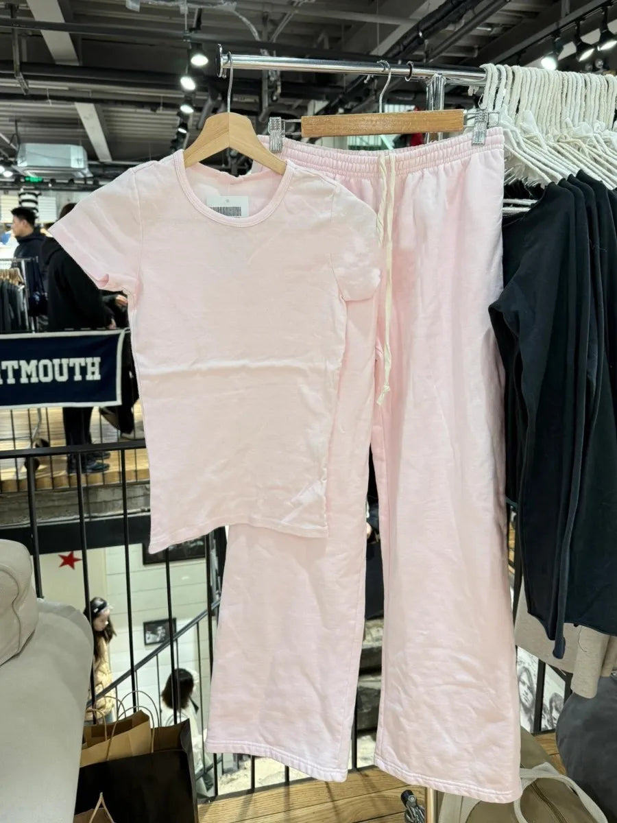 Sweet Pink Basic T-shirt Pant Sets Women New Casual O-neck Short Sleeve Tee+Straight Sweatpant Cute Preppy Style 2 Piece Set Y2K