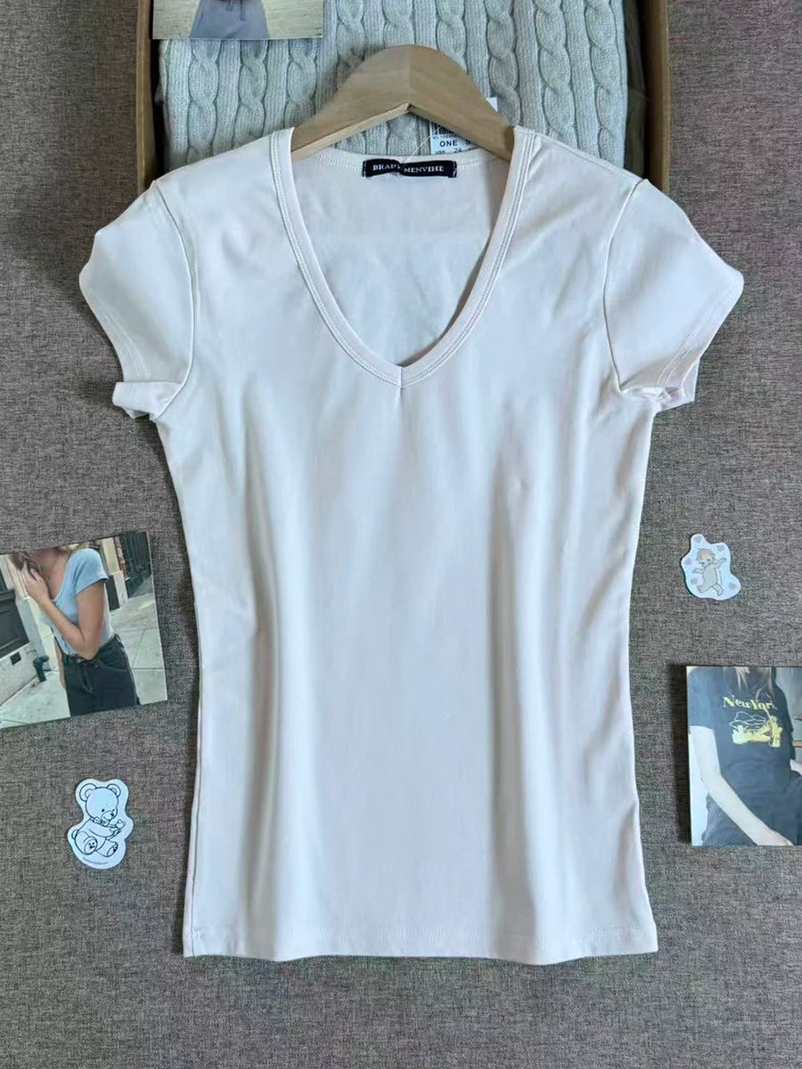 Solid V-neck Short Sleeve Tees Women Casual Streetwear Slim Cotton Tops Clothes Simple Basic Preppy Style T-shirts Y2K