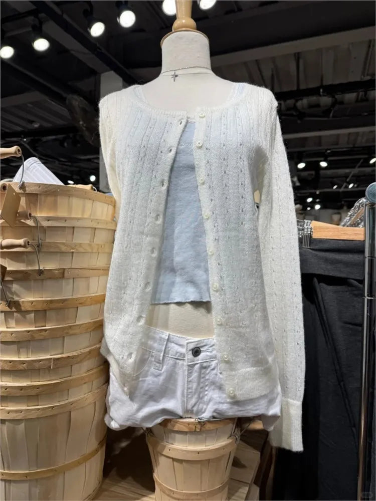 Hollw Out Mohair Long Sleeve T-Shirt Cardigan Women Autumn V-Neck Cotton Thin Smock Button Top Vintage Sweet Cute Tee Shirt Y2K