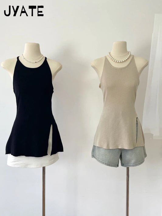 Sweet Apricot Cotton Knitted Tank Tops Women Summer New Casual Simple O-neck Sleeveless Vests Basic Cute Vintage Camisole Y2K
