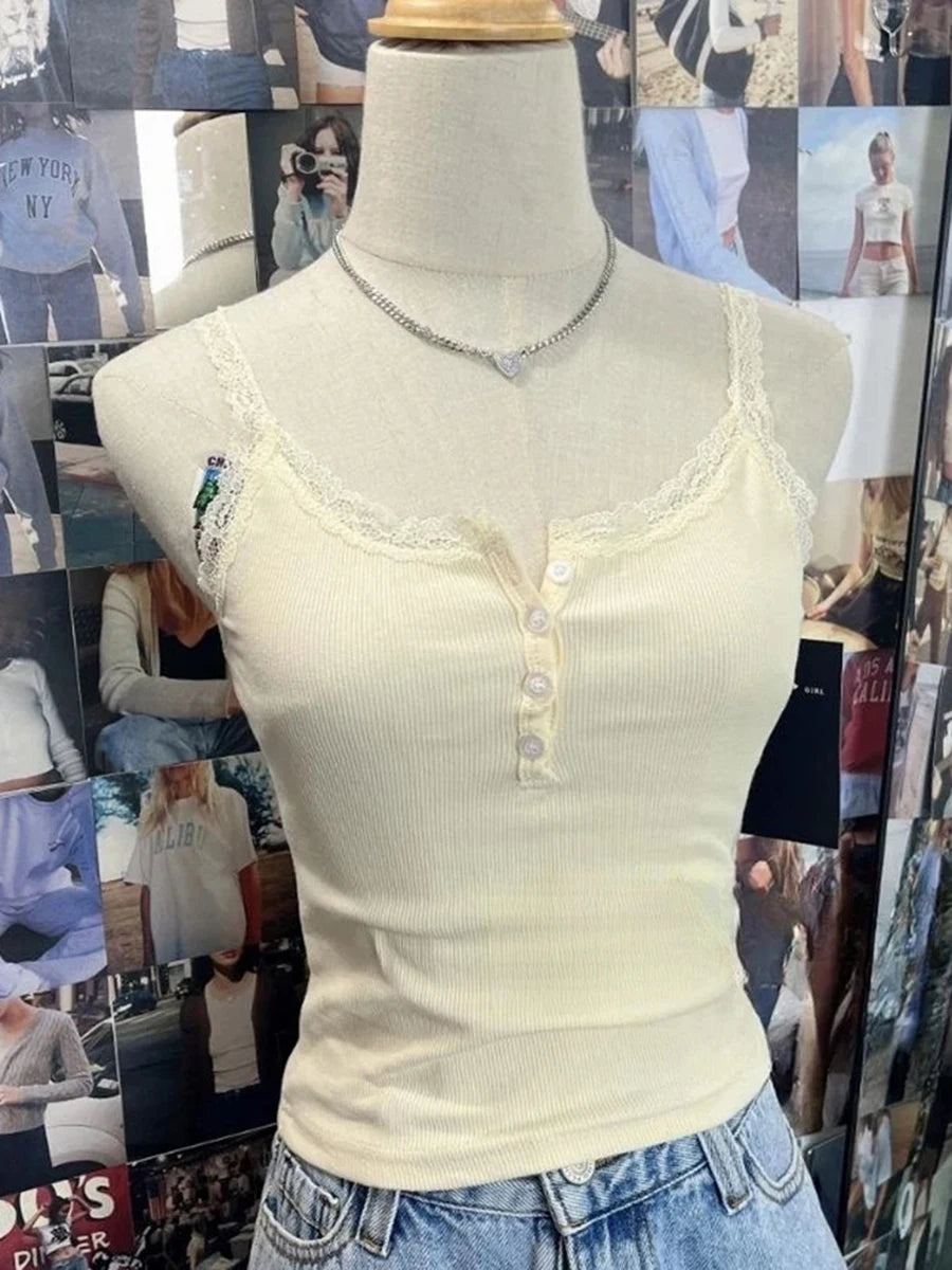 Sweet Pink Lace Trim Ribbed Camisole Women New Casual Cotton Buttons Slim Sleeveless Vest All-match Simple Cropped Tank Tops Y2K
