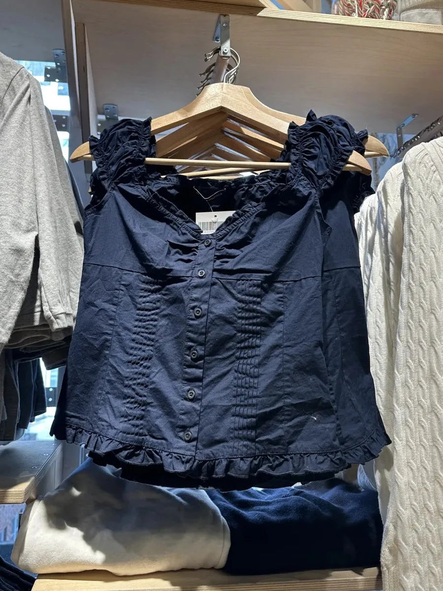 Navy Folds BUttons Blouse Top Women New Casual Single Breasted Ruffle Sleeveless Tank Tops Vest Vintage Sweet Preppy Style Camis