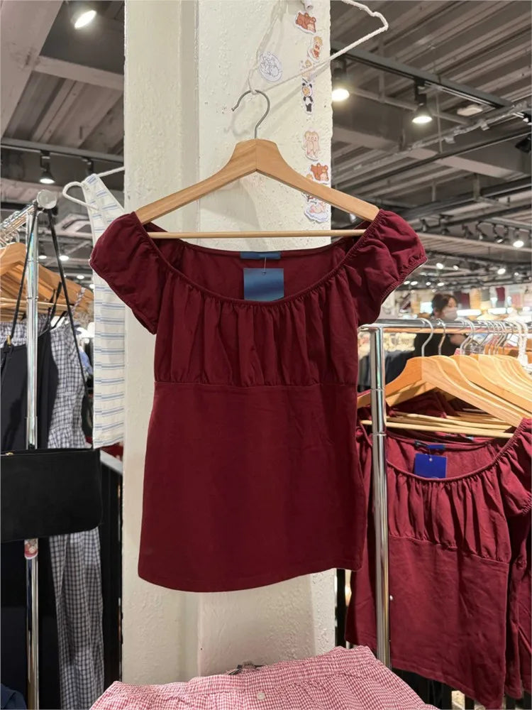 Burgundy Mesh Folds Short Sleeve Tee Women Summer Square Collar Cotton Ruffle Slim T-shirts Female Sweet Aesthetic Cute Y2K Tops