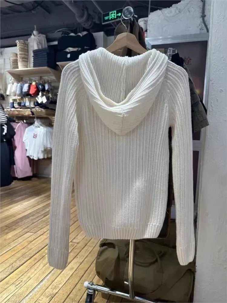 Twist Flower Beige Buttons Slim Sweater Women Autumn Pocket Hooded Long Sleeve Knitted Hoodie Sweet Preppy Style Simple Sweaters