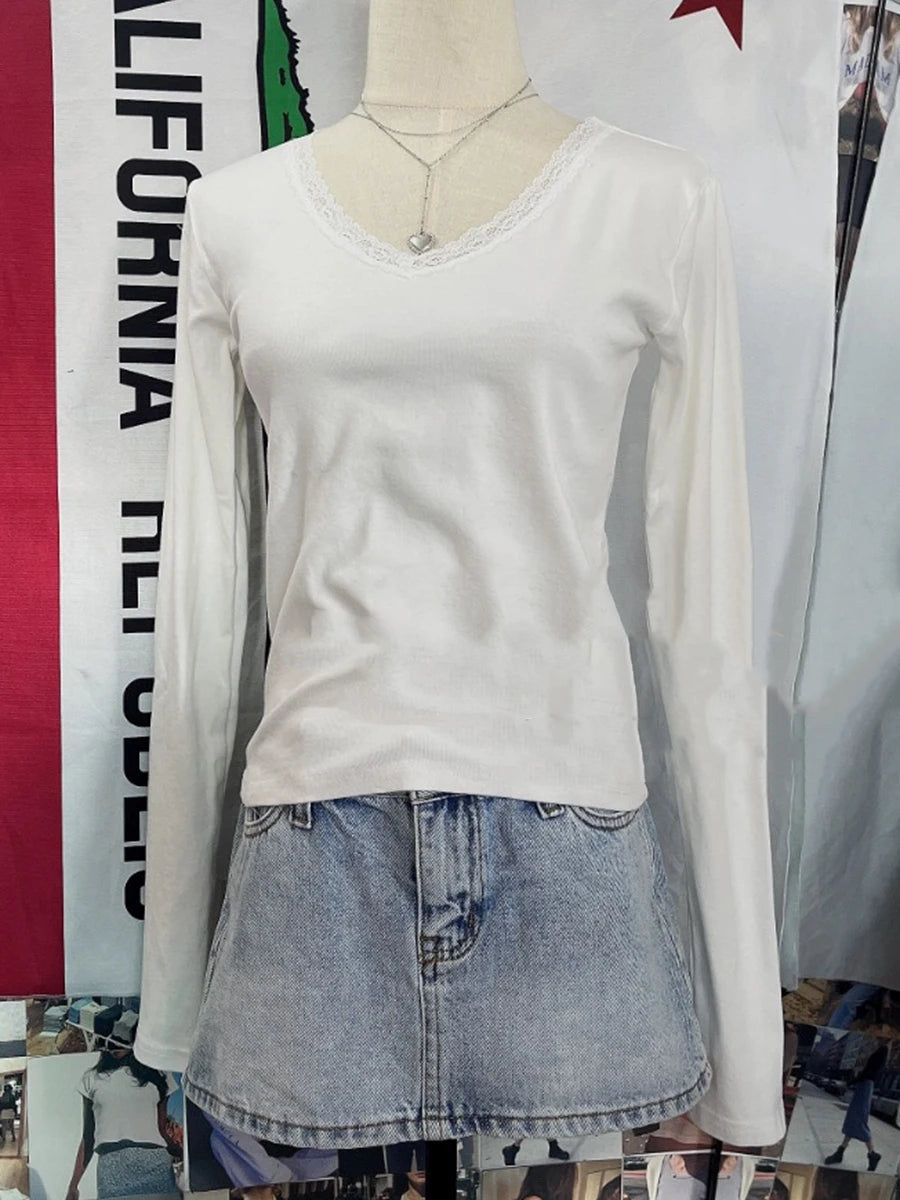 Sweet Lace Trim Ribbed Long Sleeve Tees Women New Cotton Slim Solid V-neck Tops Clothes Female Vintage Cute Chic T-shirts Y2K