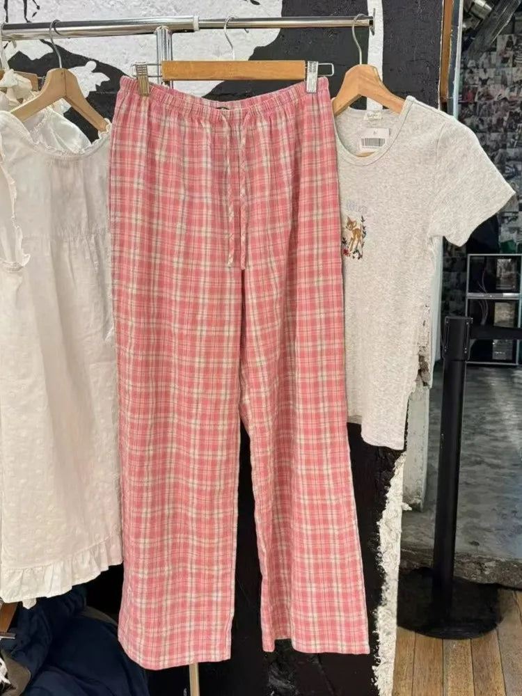 Fashion Blue Striped Drawstring Straight Sport Pants Women New Chic Elastic High Waist Long Pant Casual Sweet Loose Trousers Y2K