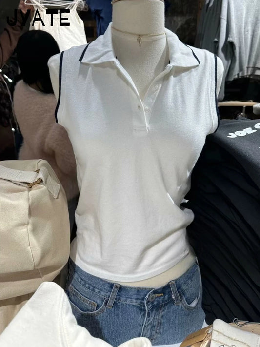 Vintage Turn Down Collar Buttons Tank Tops Women New Cotton Soft Patchwork Sleeveless Vests Chic Sweet Preppy Style Camisole Y2K