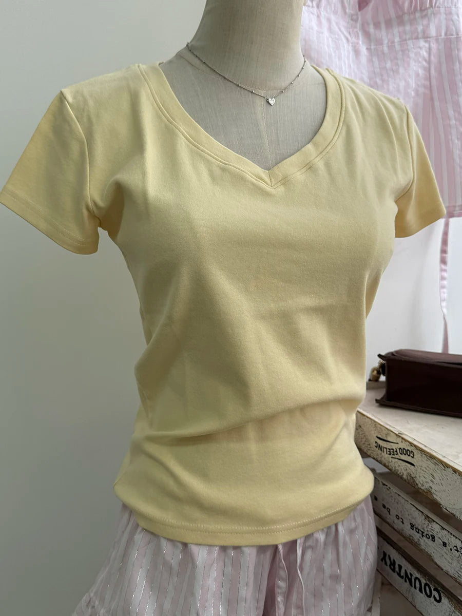 Sweet Gray Lace Trim V-neck Short Sleeve Tee Women New Cotton Casual Simple Slim Tops Clothes Vintage Basic Preppy Style T-shirt
