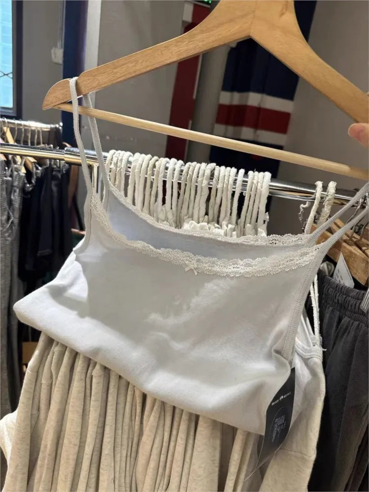 Sweet Bow Lace Trim Blue Slim Tank Top Women Summer New Sweatwear Sleeveless Cotton Slim Camis Casual Cute Simple Vest Tops Y2K