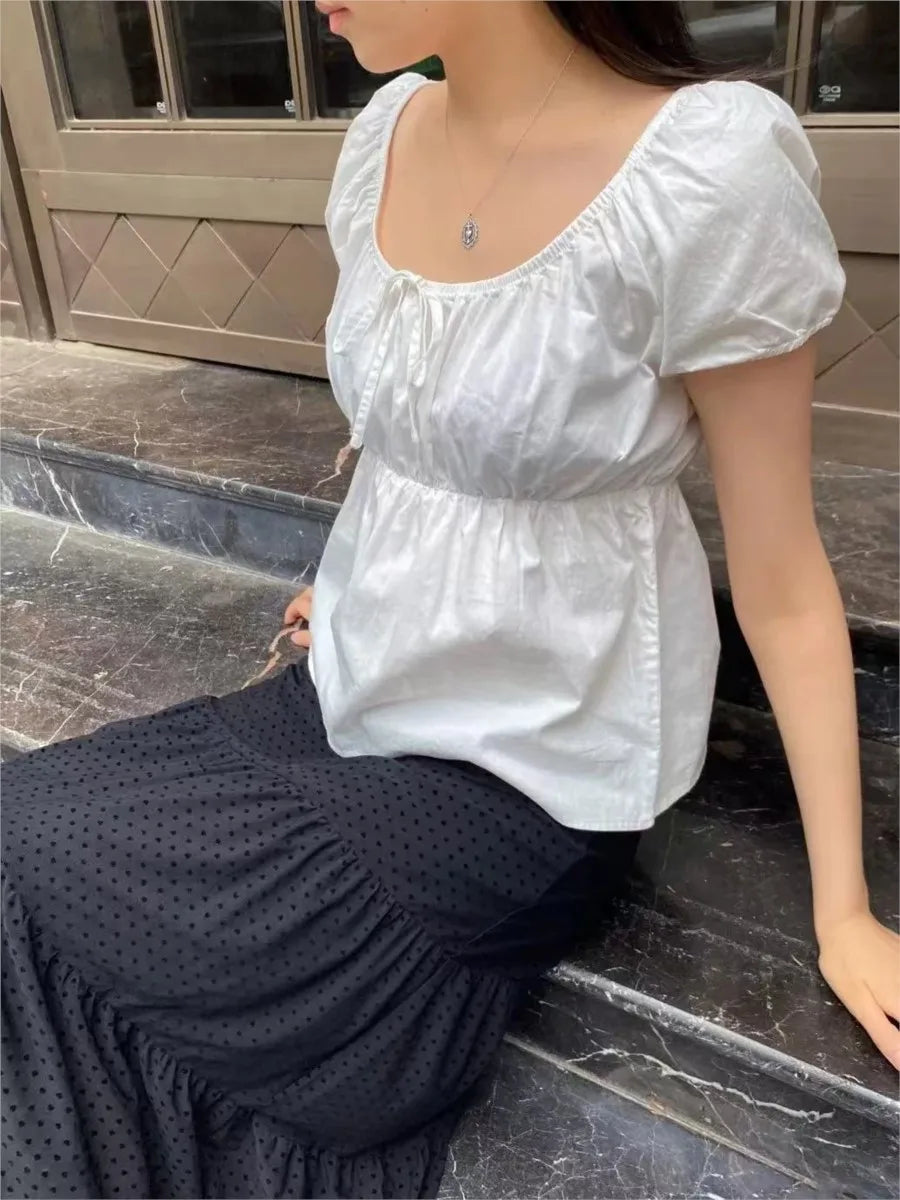 Lace-up Strap White Short Sleeve Tees Women Summer Casual Simple Sexy White Crew Neck Tops Sweet Cute Preppy Style T-shirts Y2K
