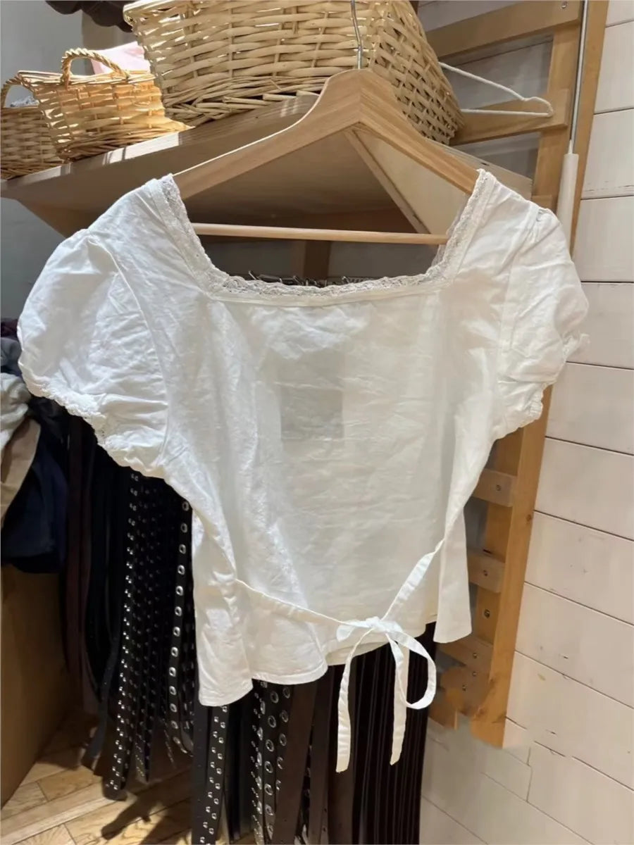 Lace Trim White Buttons Short Sleeve Tees Women Casual Back Lace-up Streetwear Shirt Tops Sweet Chic Preppy Style T-shirts New